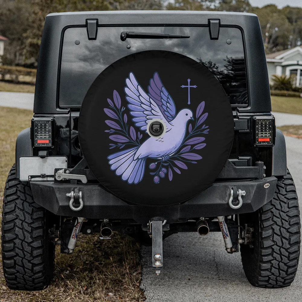 Holy Spirit dove and cross Christian religious symbol spare tire cover with backup camera hole