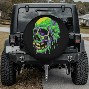 Drippin purple green skull mardi gras carnival spare tire cover with backup camera hole for Jeep Wrangler