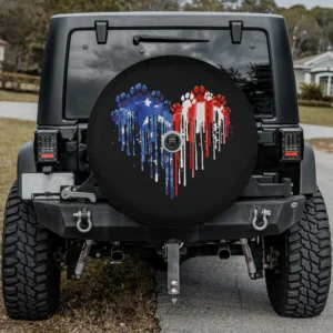 Dripping heart dog paw American flag spare tire cover with camera hole