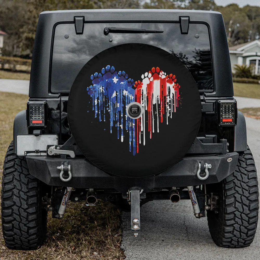 Dripping heart dog paw American flag spare tire cover with camera hole