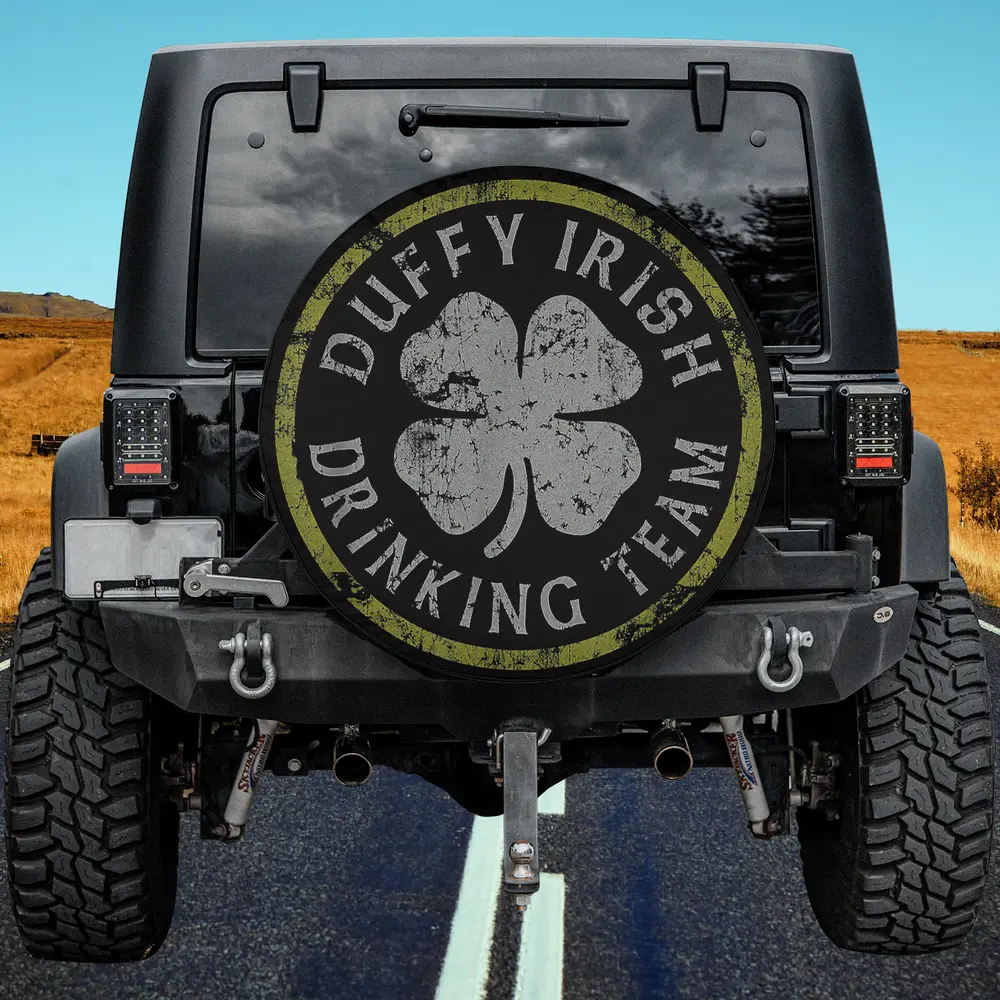 Distressed clover Duffy Irish Drinking Team spare tire cover no camera hole
