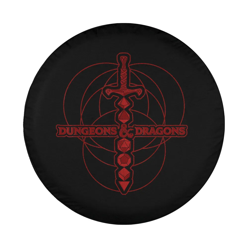 Dungeons & Dragons dice sword logo minimalist red line art spare tire cover design