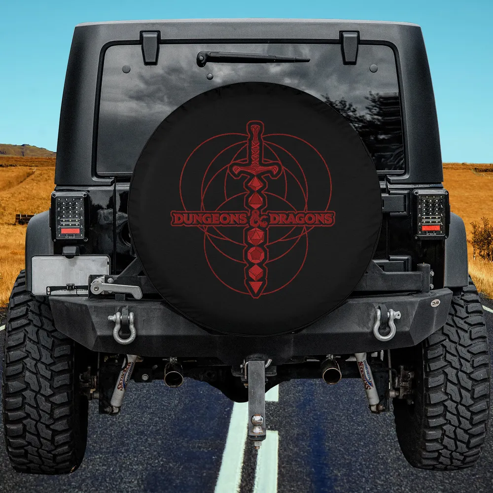 Red dice sword Dungeons & Dragons logo spare tire cover for Jeep Cherokee with no camera hole