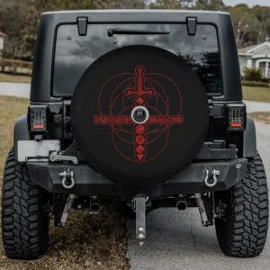 Red dice sword Dungeons & Dragons logo spare tire cover for Jeep Cherokee with backup camera hole