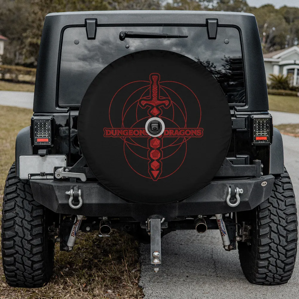 Red dice sword Dungeons & Dragons logo spare tire cover for Jeep Cherokee with backup camera hole