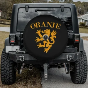 Gold Dutch lion and ORANJE text Netherlands spare tire cover for Jeep Cherokee, with camera hole