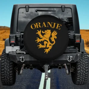 Gold Dutch lion and ORANJE text Netherlands spare tire cover for Jeep Cherokee, no camera hole