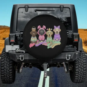 Easter bunny ears outfit Labrador Retriever dog spare tire cover with pastel festive design, no camera hole