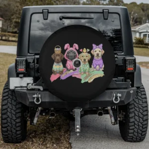 Easter bunny ears outfit Labrador Retriever dog spare tire cover with pastel festive design, with camera hole