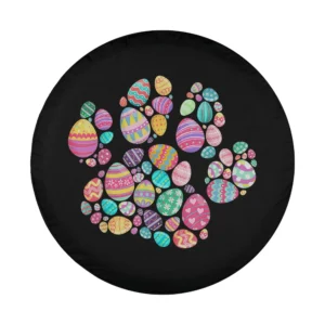 Easter eggs arranged as dog and cat paw prints on black tire cover