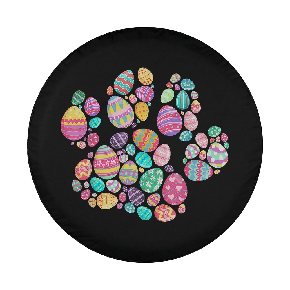 Easter eggs arranged as dog and cat paw prints on black tire cover