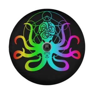 Close-up of EDM Octopus Kraken Rave neon gradient design on spare tire cover fabric