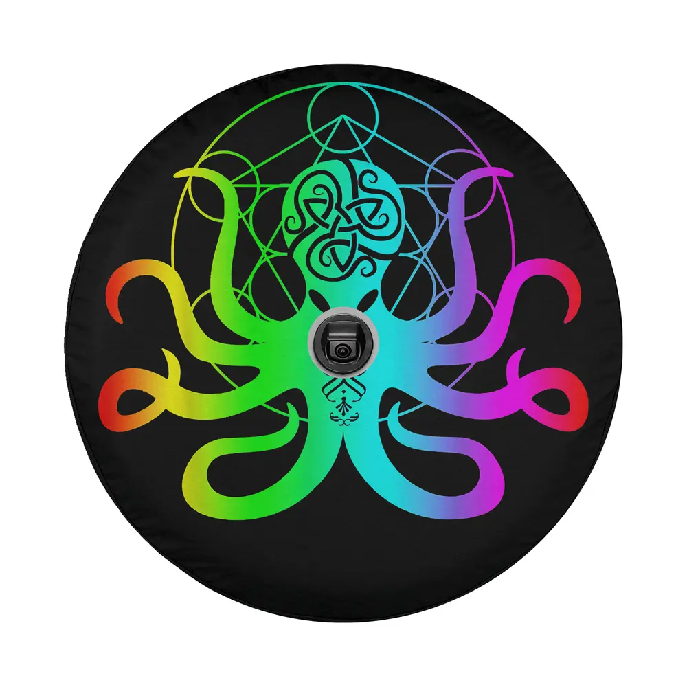 Close-up of EDM Octopus Kraken Rave neon gradient design on spare tire cover fabric