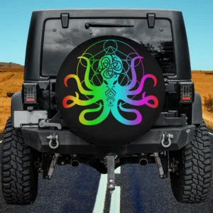 EDM Octopus Kraken Rave spare tire cover with neon gradient design on black fabric