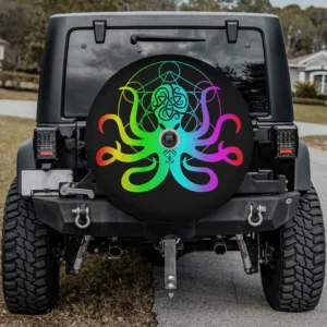EDM Octopus Kraken Rave spare tire cover with camera hole and neon gradient design