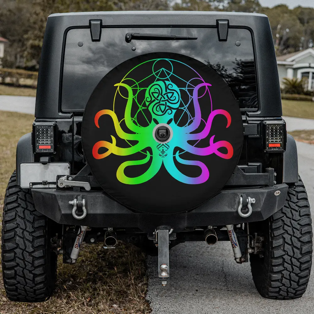 EDM Octopus Kraken Rave spare tire cover with camera hole and neon gradient design
