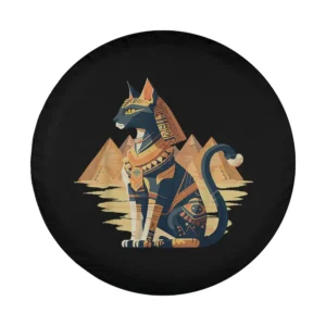 Bastet cat in Egyptian armor with pyramids and desert, tire cover art