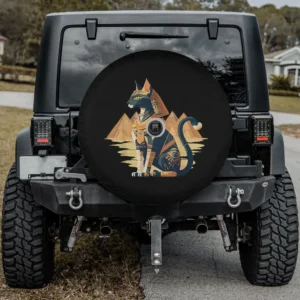 Egyptian Bastet cat and pyramids design spare tire cover with backup camera hole