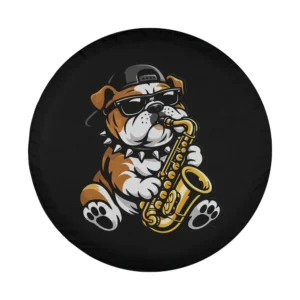 Cartoon English Bulldog in sunglasses playing saxophone design art