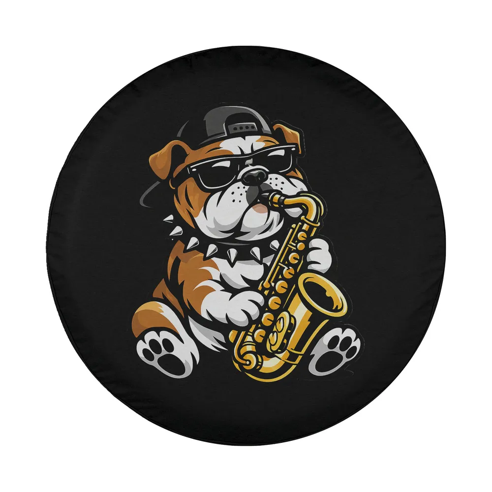 Cartoon English Bulldog in sunglasses playing saxophone design art