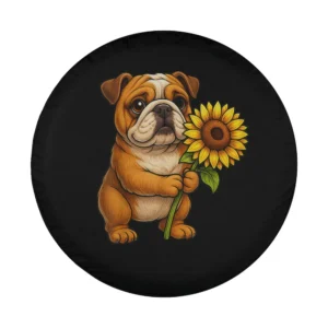 Cartoon English Bulldog holding sunflower dog tire cover design art