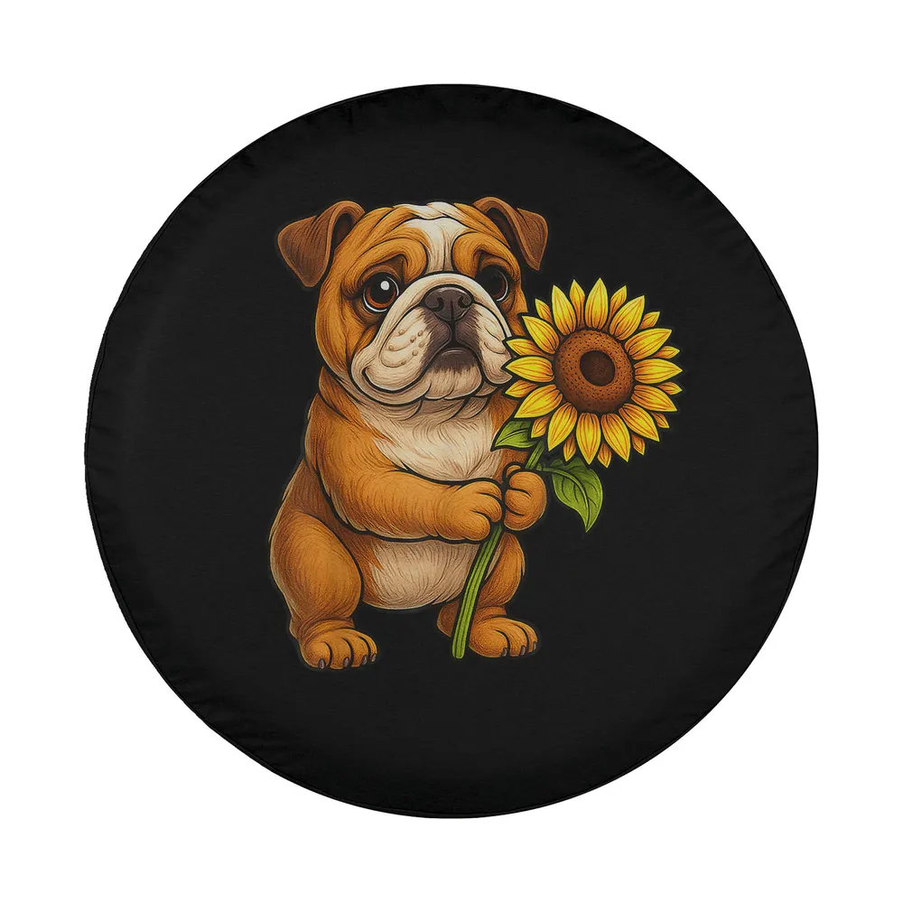 Cartoon English Bulldog holding sunflower dog tire cover design art