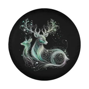 Swirling ethereal forest deer line art design for spare tire cover, magical style