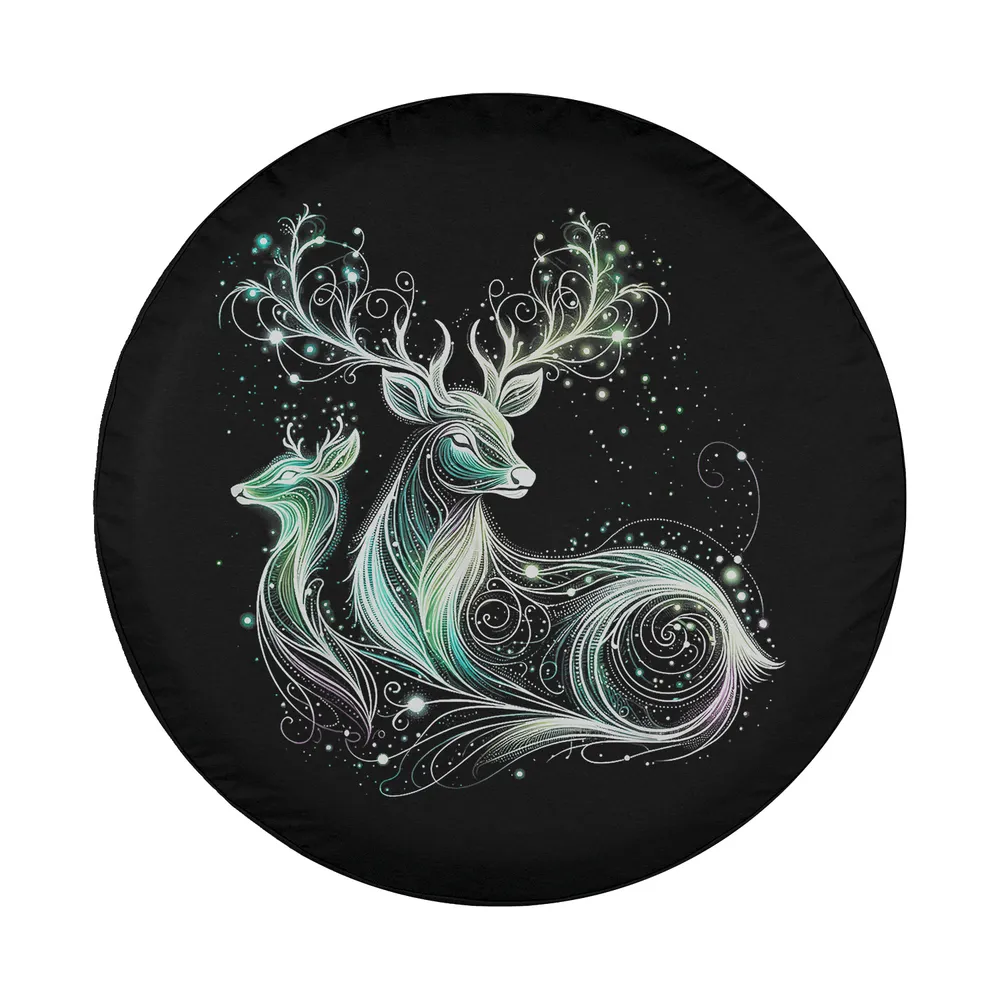 Swirling ethereal forest deer line art design for spare tire cover, magical style