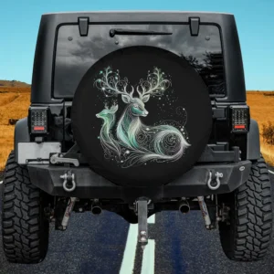 Ethereal forest deer swirling line art spare tire cover on Jeep Gladiator with magical glowing design