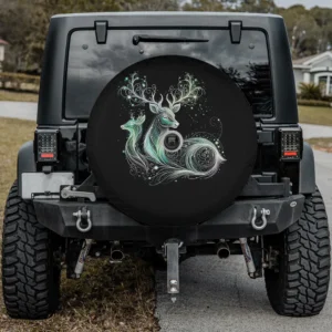Ethereal forest deer swirling line art spare tire cover with backup camera hole for Jeep Gladiator