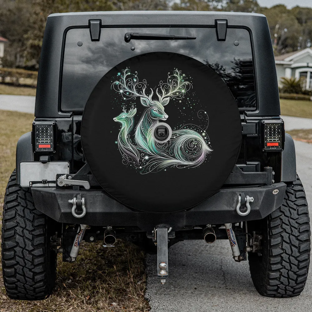 Ethereal forest deer swirling line art spare tire cover with backup camera hole for Jeep Gladiator