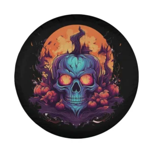 Evil pumpkin skull haunted house Halloween design for spare tire cover