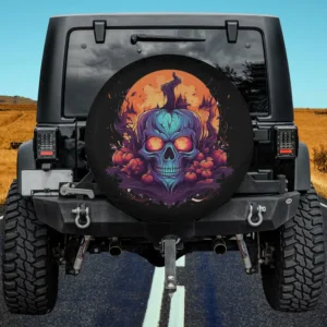 Evil pumpkin skull haunted house Halloween spare tire cover on Jeep, no camera hole