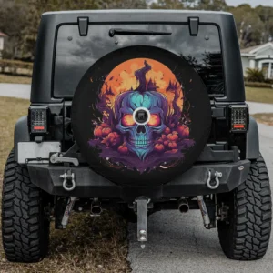 Evil pumpkin skull haunted house Halloween spare tire cover with backup camera hole