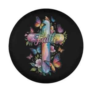 Faith cross butterflies floral religious design for custom spare tire cover