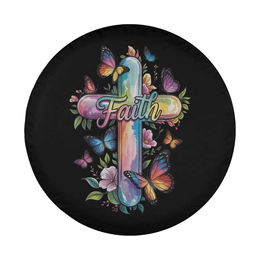 Faith cross butterflies floral religious design for custom spare tire cover