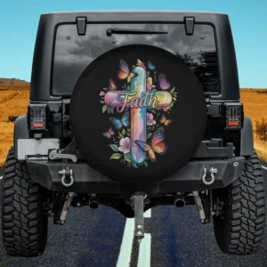 Faith cross butterflies floral religious spare tire cover with no camera hole for RV, Jeep, SUV
