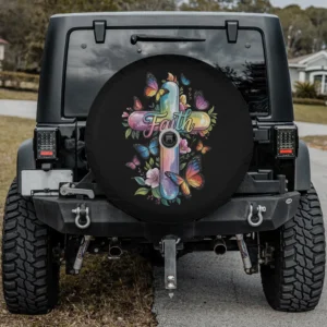 Faith cross butterflies floral religious spare tire cover with backup camera hole for RV and SUV