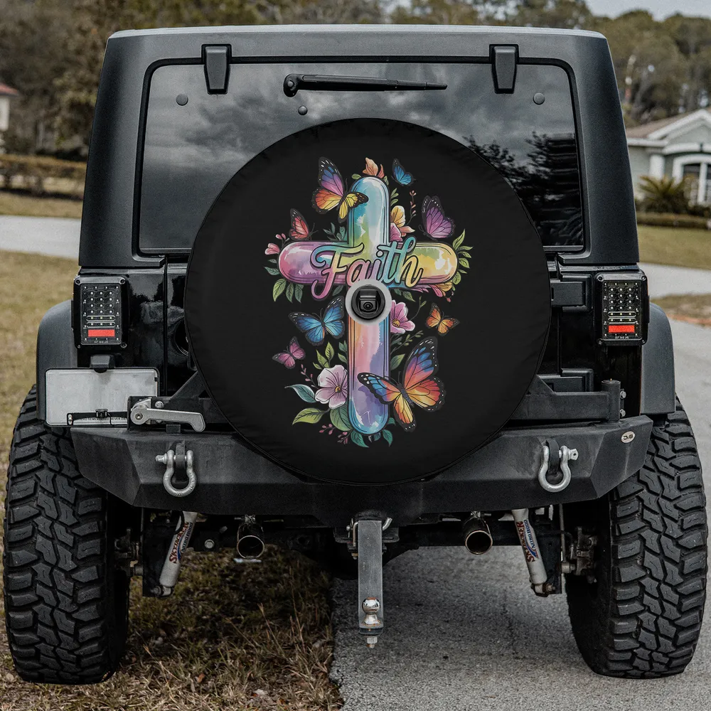 Faith cross butterflies floral religious spare tire cover with backup camera hole for RV and SUV