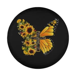 Faith cross sunflower butterfly Christian vintage spare tire cover design closeup