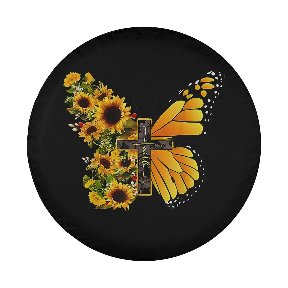 Faith cross sunflower butterfly Christian vintage spare tire cover design closeup