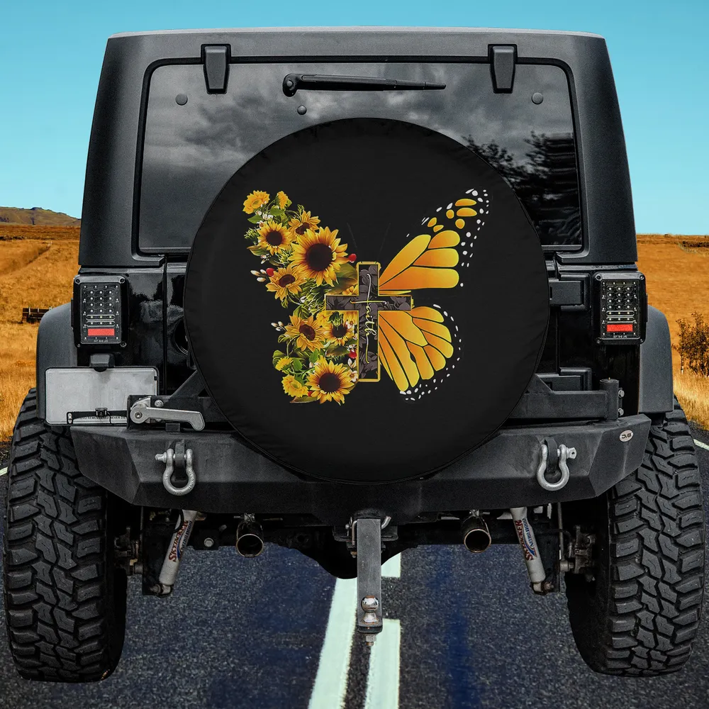 Sunflower butterfly cross Christian vintage spare tire cover without camera hole on Jeep