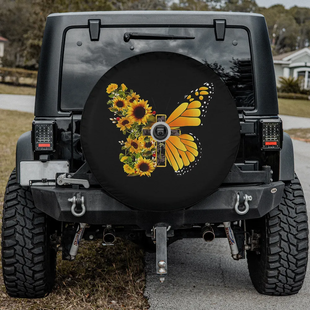 Sunflower butterfly cross Christian vintage spare tire cover with camera hole for RV or SUV