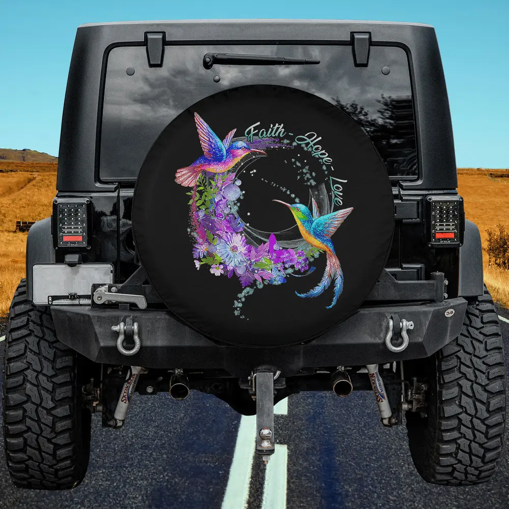 faith hope love flower hummingbird religious spare tire cover with floral wreath and inspirational text, no camera hole