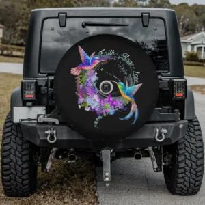 faith hope love flower hummingbird religious spare tire cover with backup camera hole, floral wreath and hummingbirds