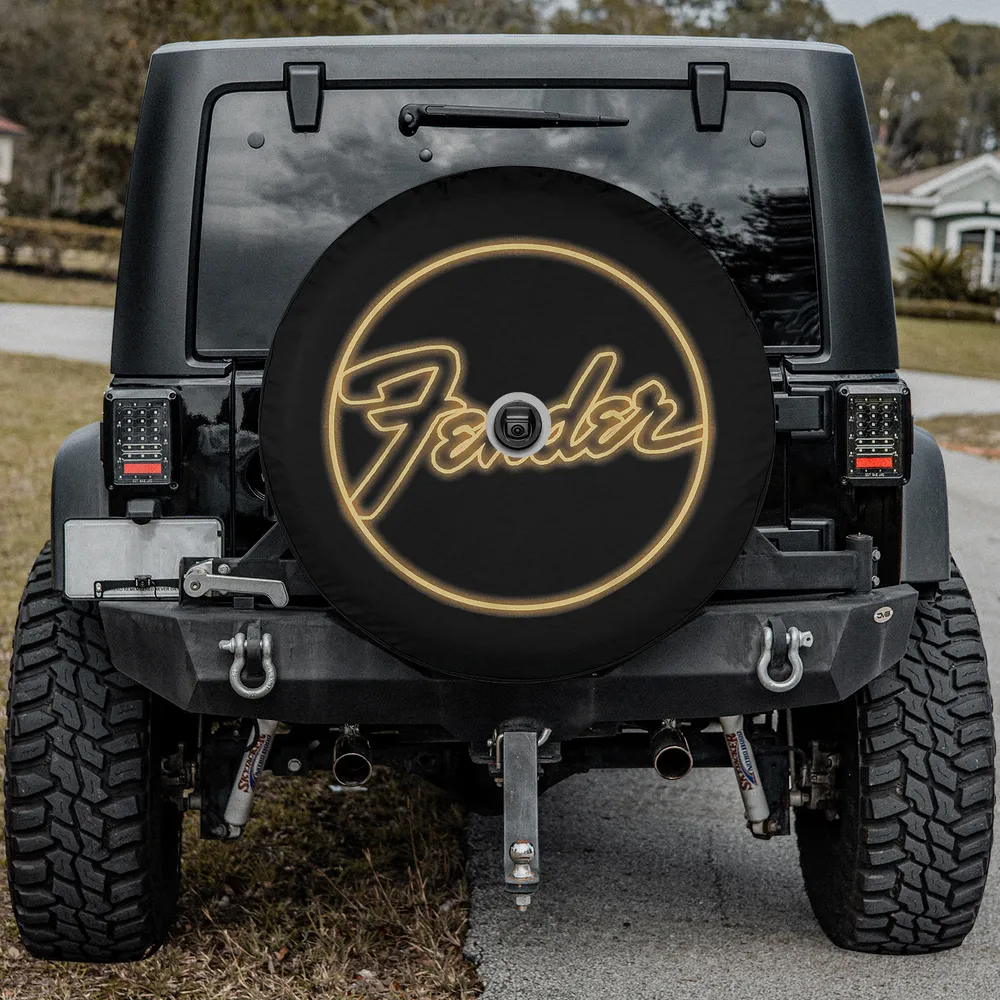 fender neon logo retro rv spare tire cover with backup camera hole option