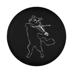 minimalist line art cat playing violin musician band spare tire cover design