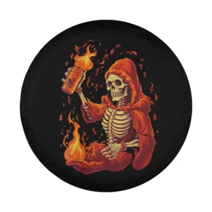 cartoon skeleton in red robe holding flaming drink Halloween tire cover art