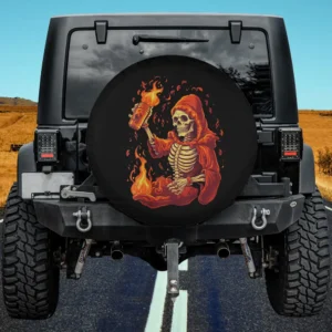 flaming drink red hooded skeleton spare tire cover on Jeep with no camera hole