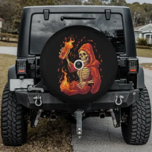 flaming drink red hooded skeleton spare tire cover with backup camera hole option